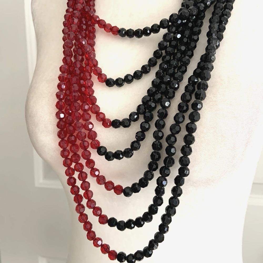 Black and Dark Red Split Color Tiered Multi strand Plastic Bead Necklace